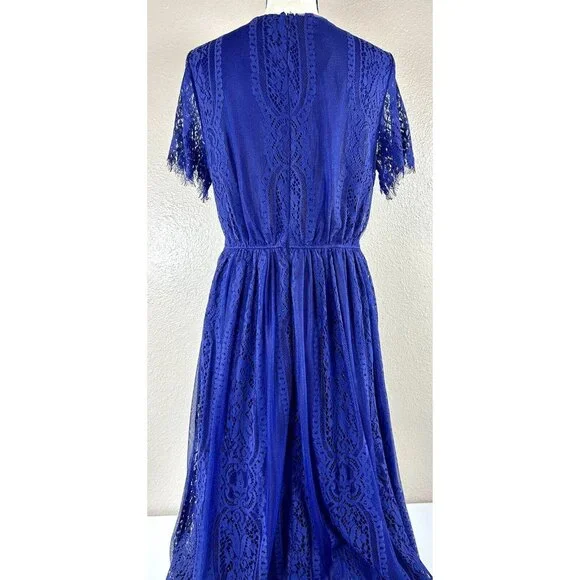 Merokeety Maxi Dress Lace Overlay Indigo Blue Boho Crochet Fringe Knit V Neck L - Picture 8 of 16